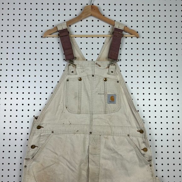 Carhartt Overall 38x30 Duck Bib Canvas Double Knee Work Faded Cotton Khaki 90s - Picture 1 of 7
